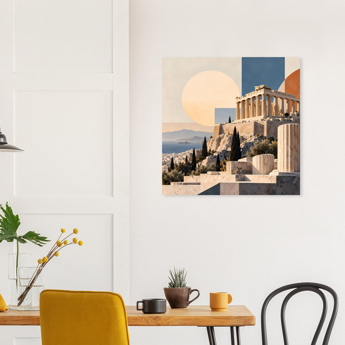 Quadratisches Griechenland-Poster mit Parthenon, warmen Farben und geometrischen Flächen