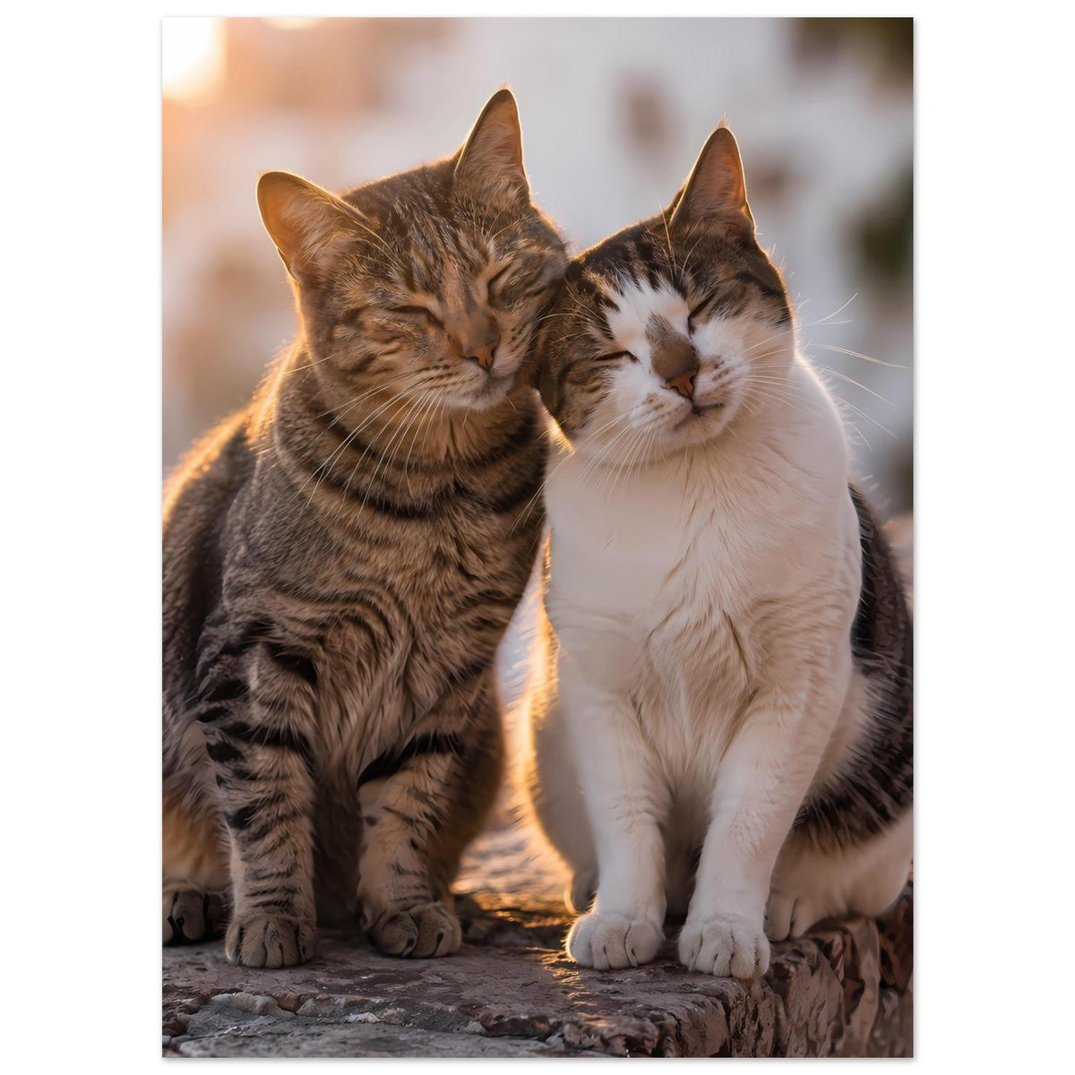 Katzenposter: zwei kuschelnde Katzen, graubraun und weiß, Köpfe aneinandergelegt