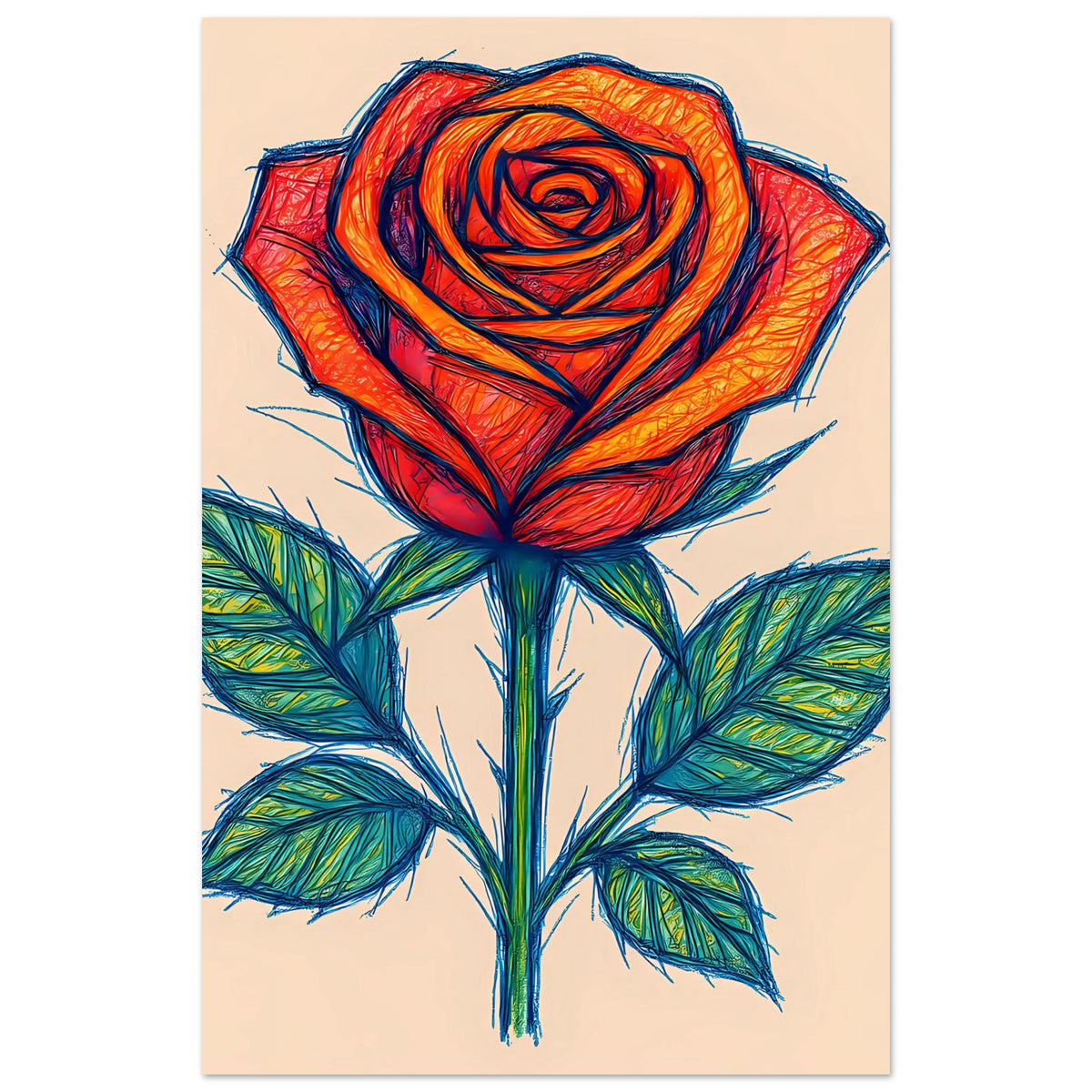 Poster im Hochformat mit roter Rosenblüte, grünen Blättern und Stiel