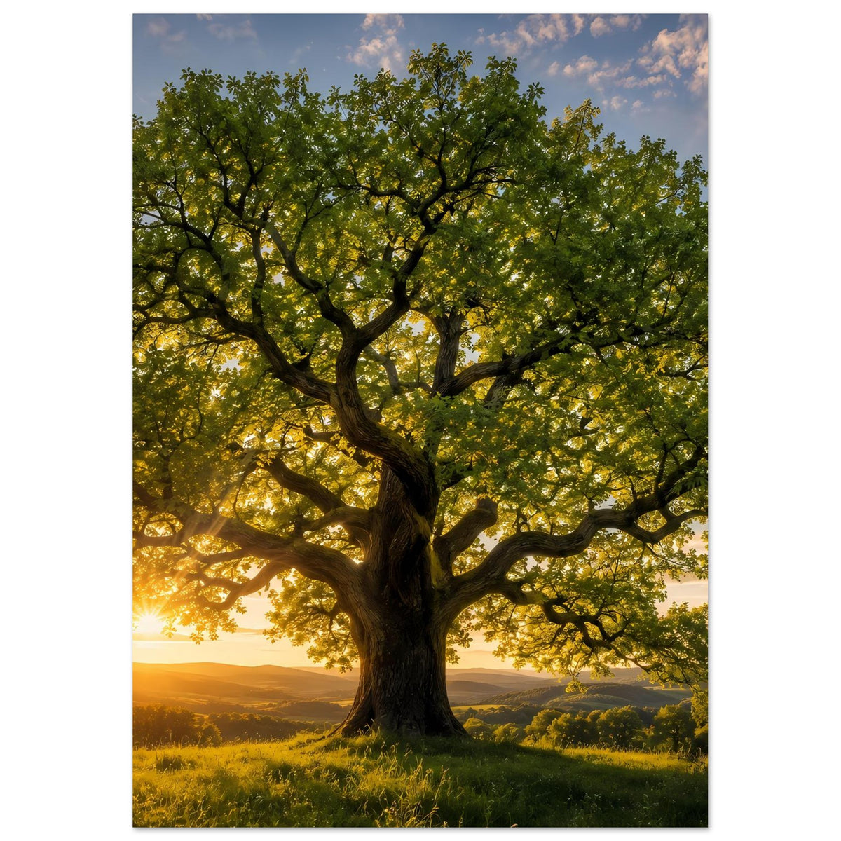 Hochformat-Poster mit großem Baum, grünen Blättern und tief stehender Sonne links