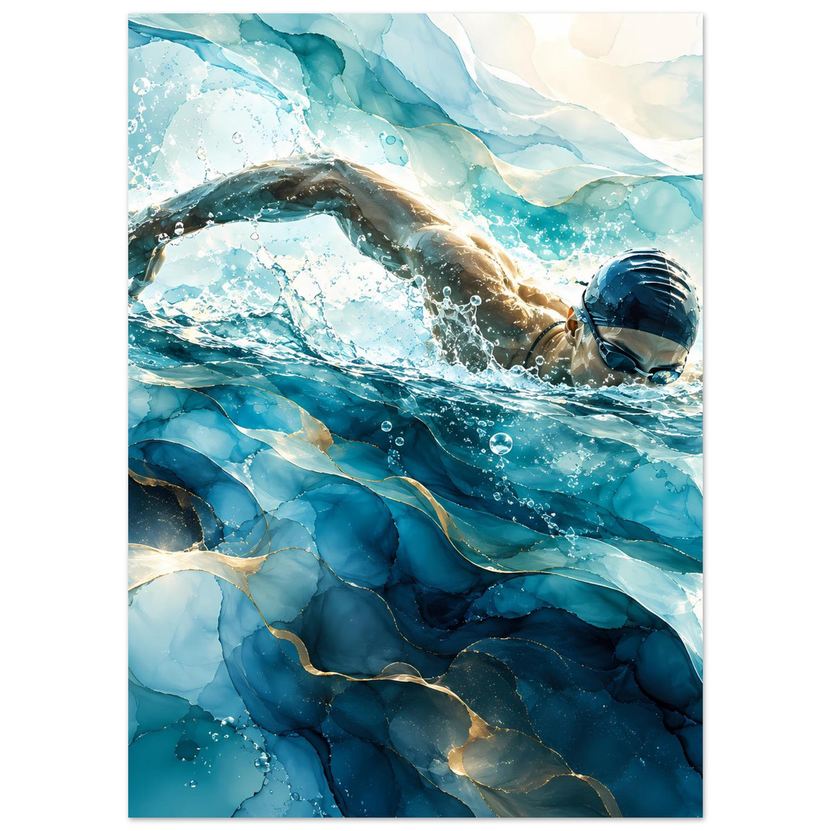 Stehendes Poster: Schwimmer unter Wasser, fließende Wellen in Blau, Lichtreflexe und Spritzer