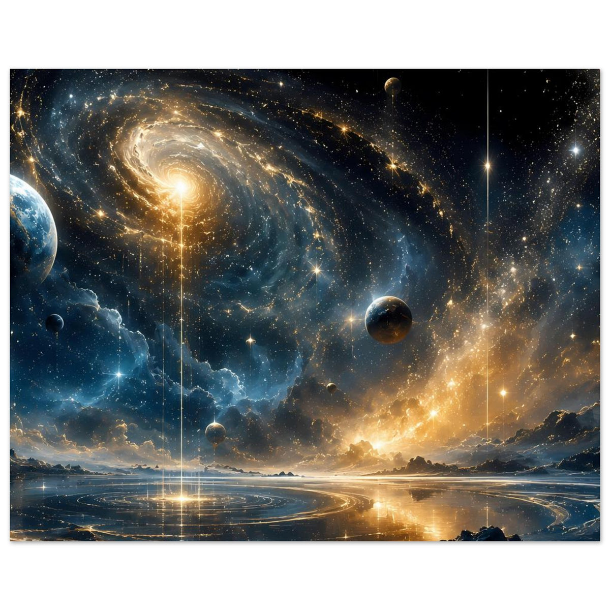 Weltraum-Poster mit Spiralgalaxie, Planeten, Sternen und Lichtreflexion