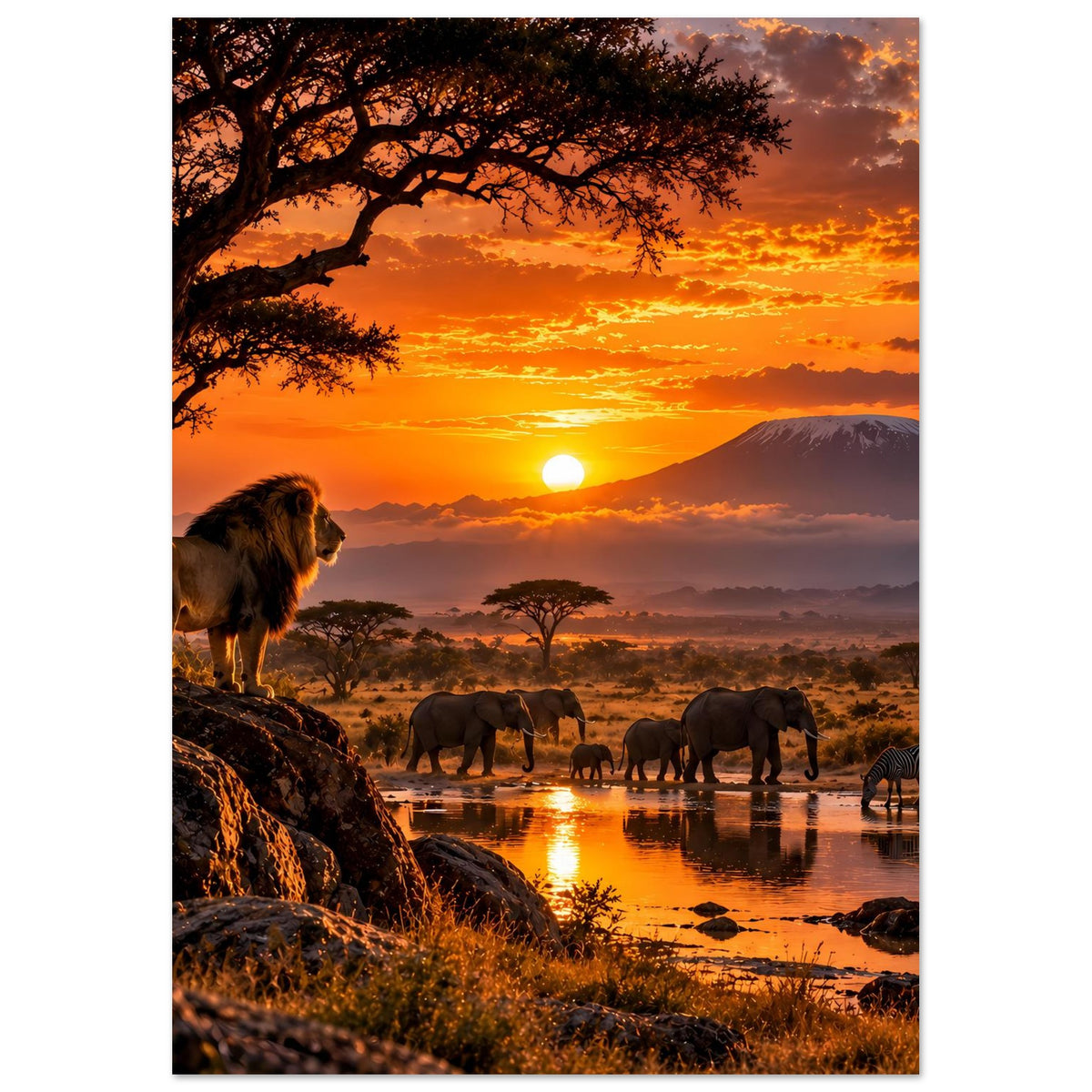 Safari-Poster im Hochformat: Löwe am Felsen, Elefanten am Fluss, Sonne über dem Berg