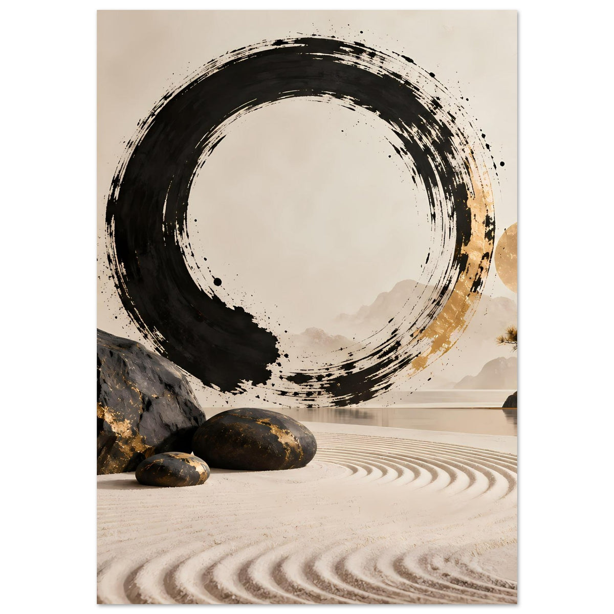 Abstraktes Zen-Poster mit schwarzem Pinselkreis und goldenem Lichtakzent
