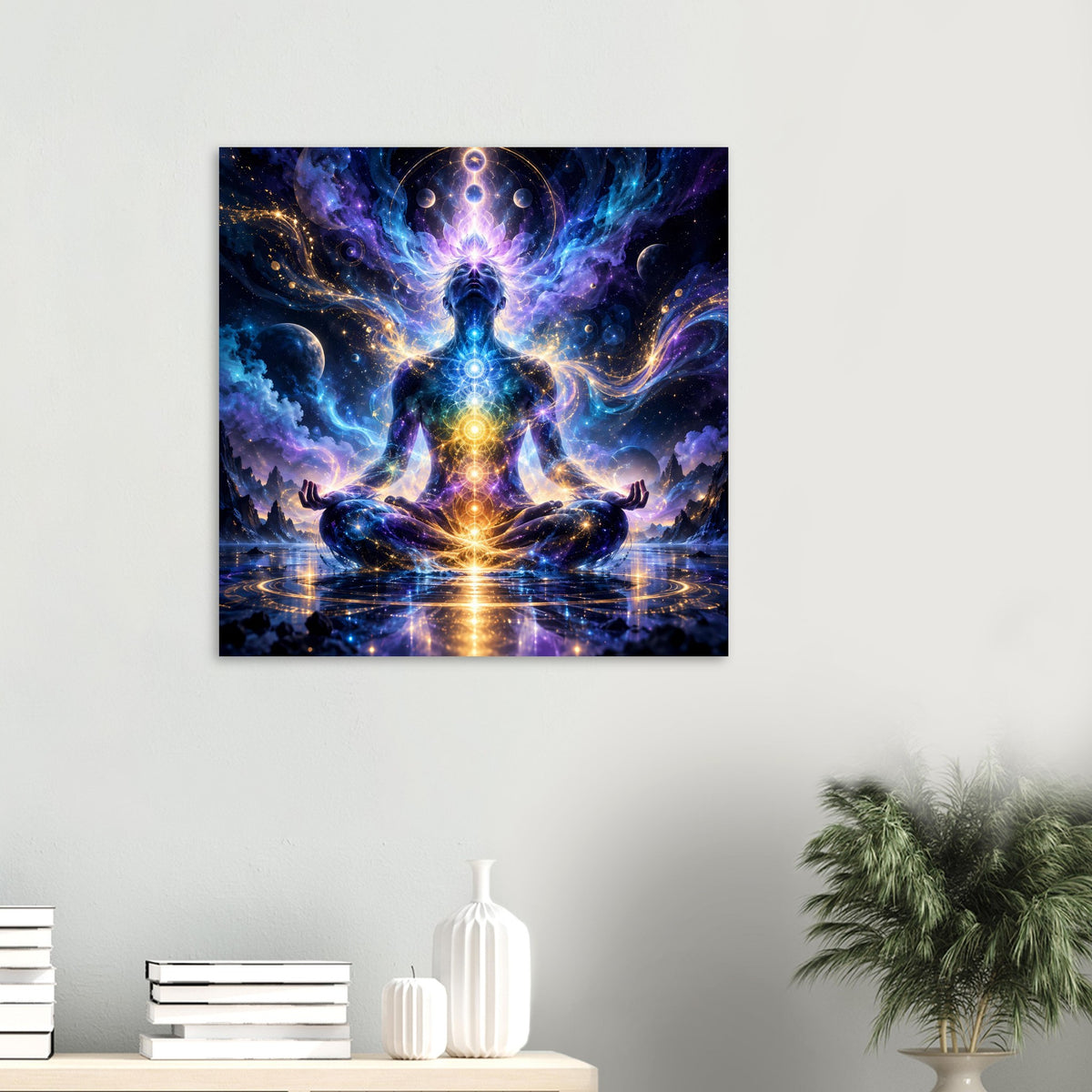 Spirituelles Poster mit meditierender Chakrafigur im kosmischen Sternenmeer und leuchtender Aura