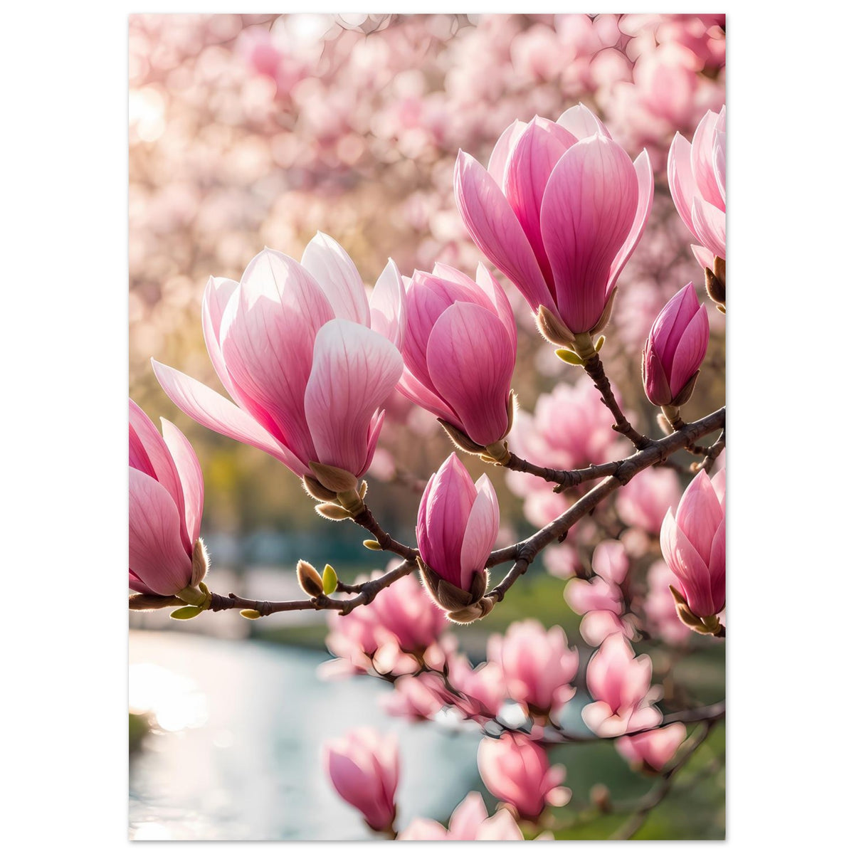 Blumenposter mit Magnolienblüten an Zweig, rosa und weiß, seitliche Blütenansicht
