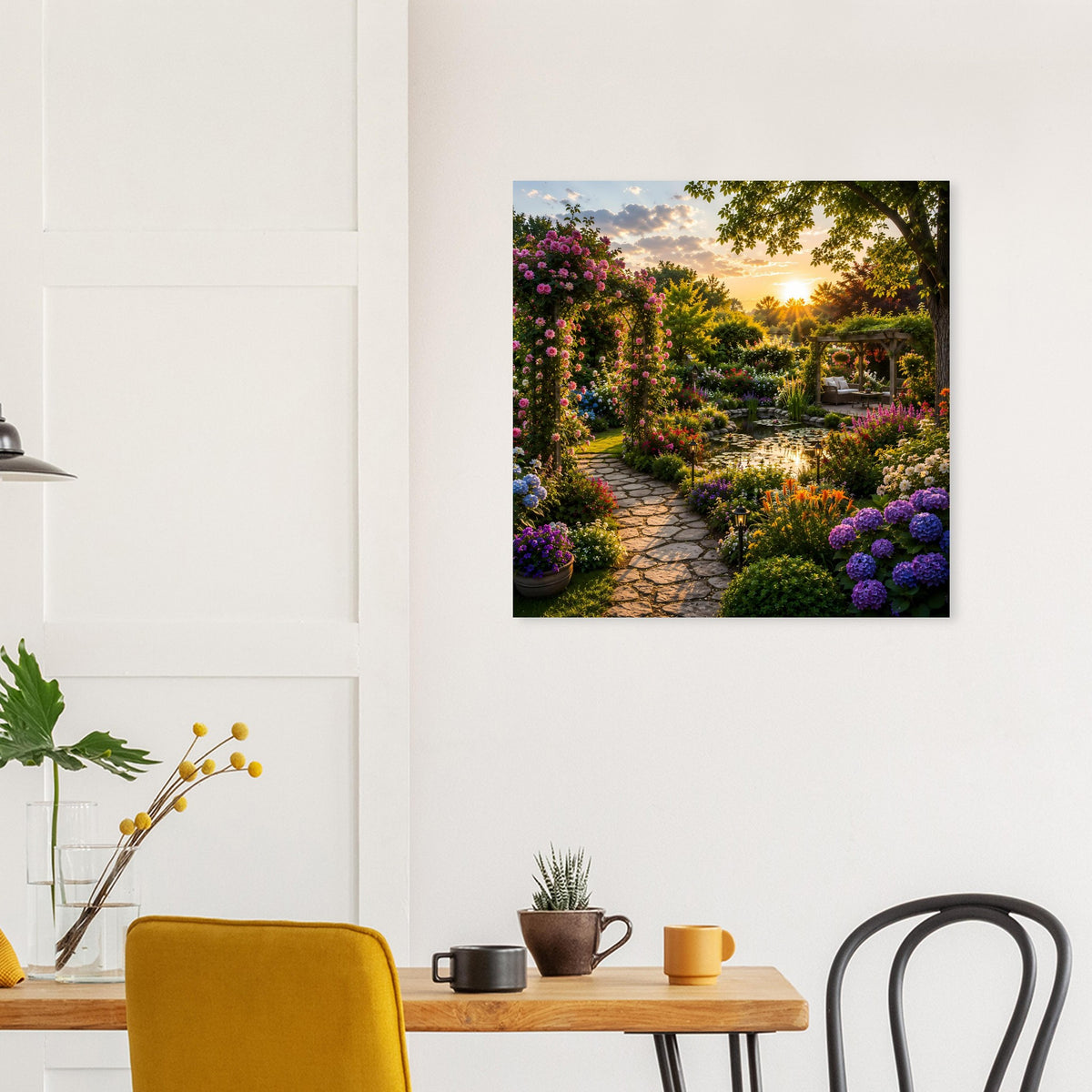 Quadratisches Gartenposter mit blühenden Beeten, Weg und Abendsonne