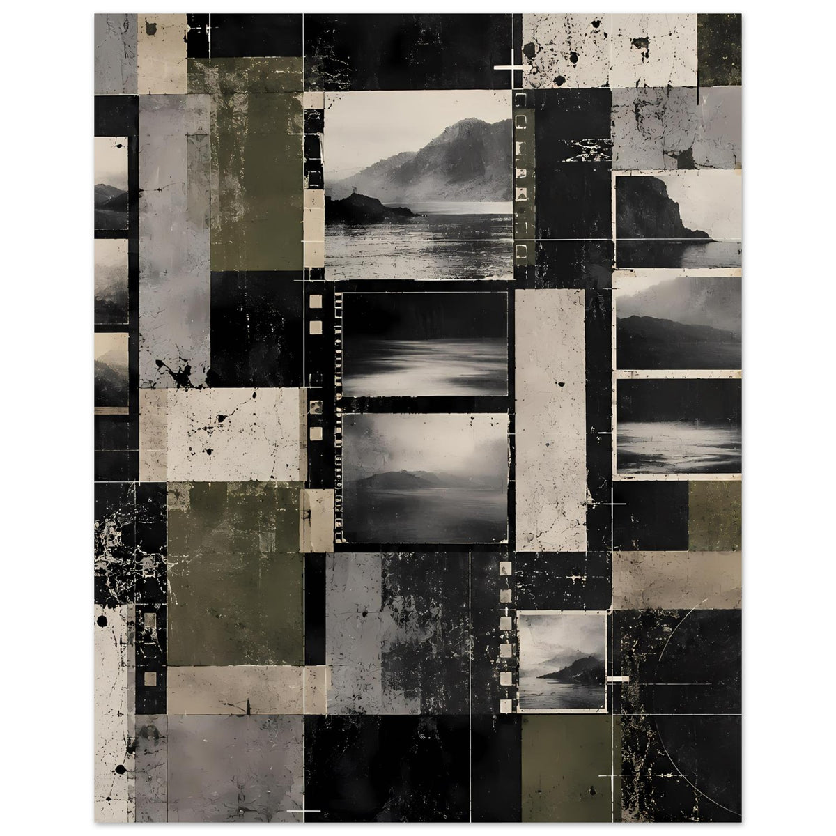 Vintage-Poster mit Collage-Landschaft und Filmstreifen-Elementen in Grau-, Schwarz- und Olivtönen, hochkant