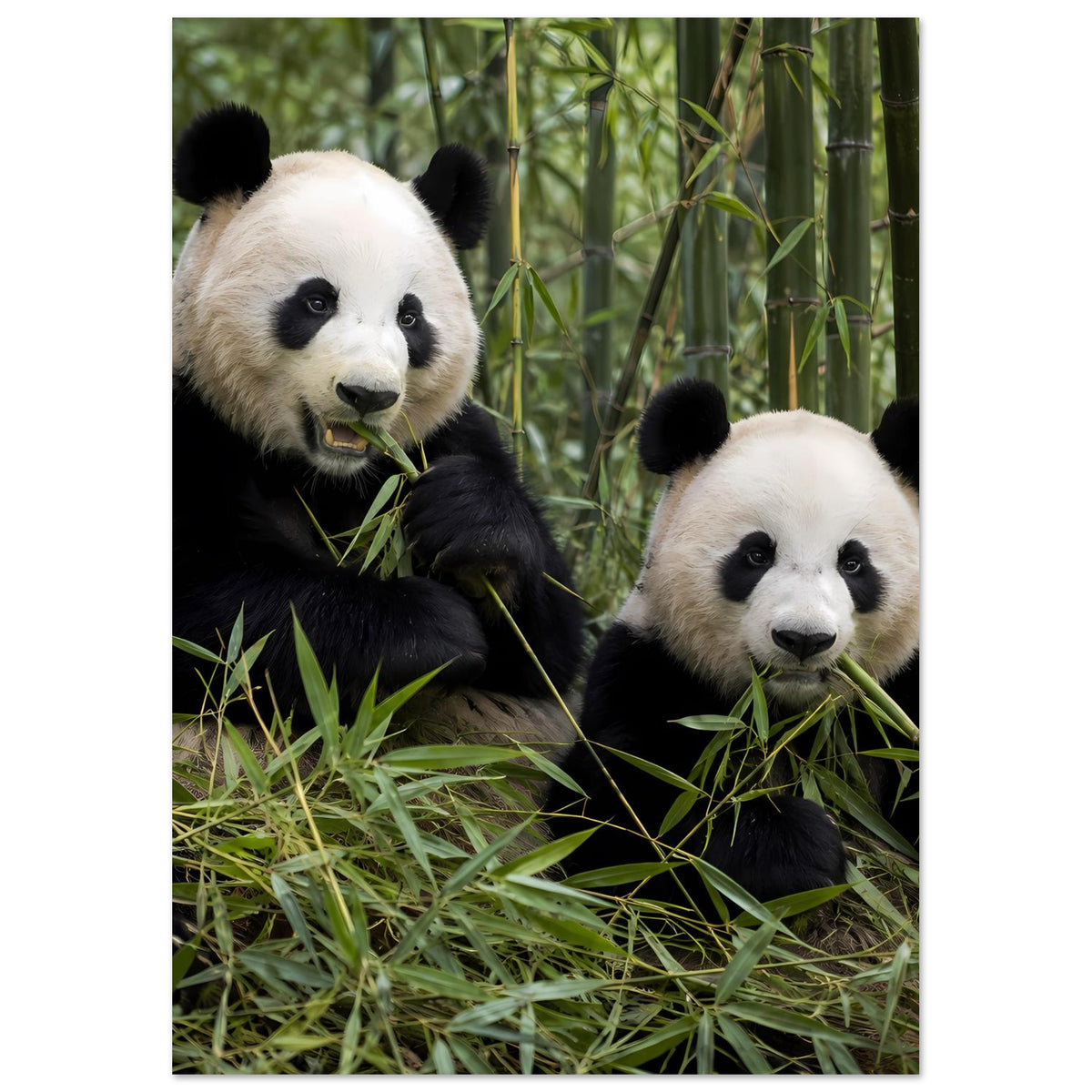 Poster im Hochformat mit zwei Pandas und Bambus, Panda rechts mit ruhigem Blick
