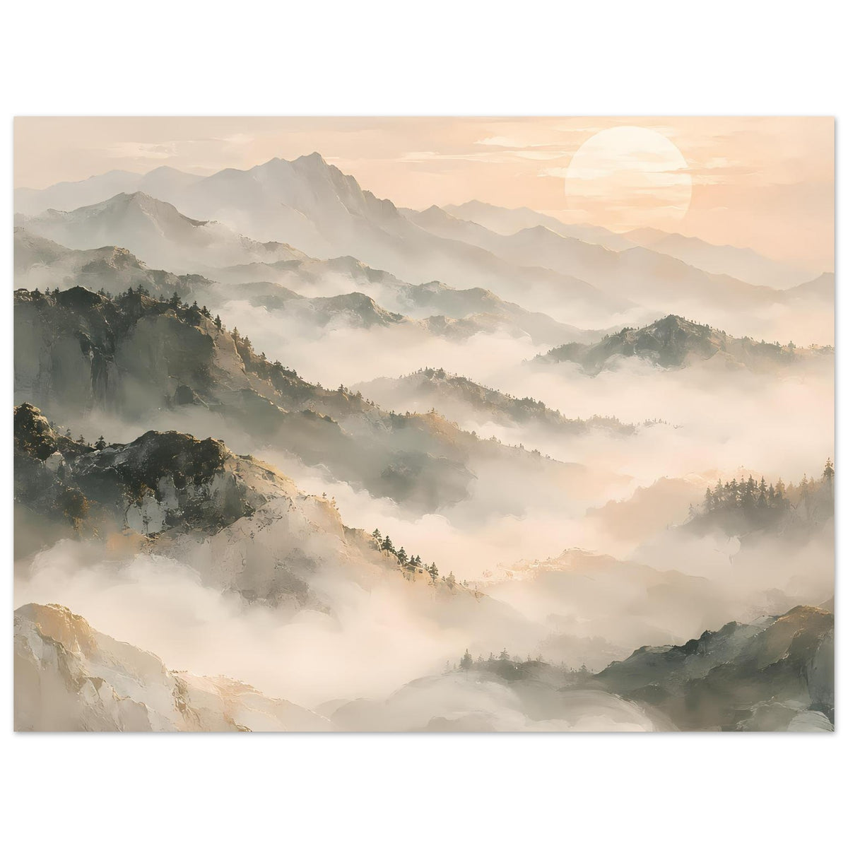 Poster mit nebligen Bergen und warmem Himmel, sichtbarer Sonne rechts oben, matter Kunstdruck, quadratisch