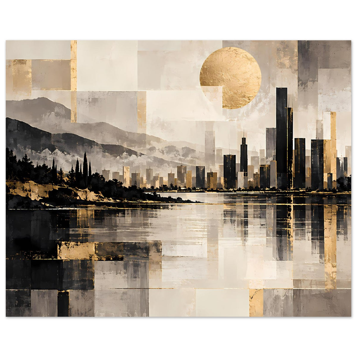 Horizontales Stadtbild-Poster: dunkle Wolkenkratzer, goldene Akzente, Flussspiegelung