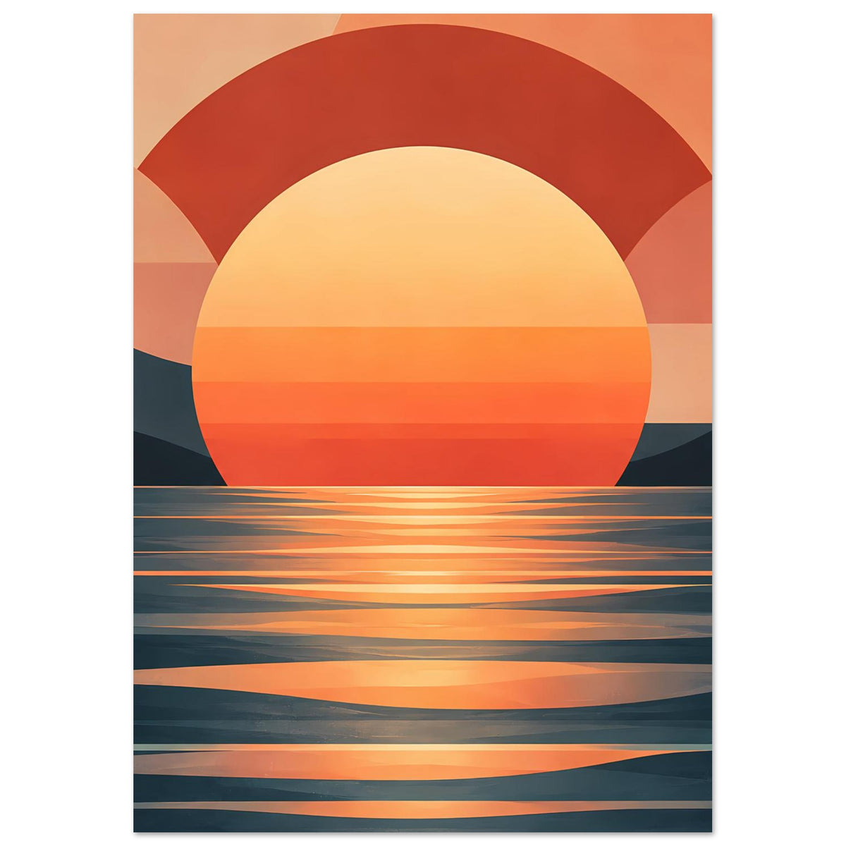 Kunstposter mit halbkreisförmiger Sonne, Horizontebenen und orangefarbenen Spiegelungen