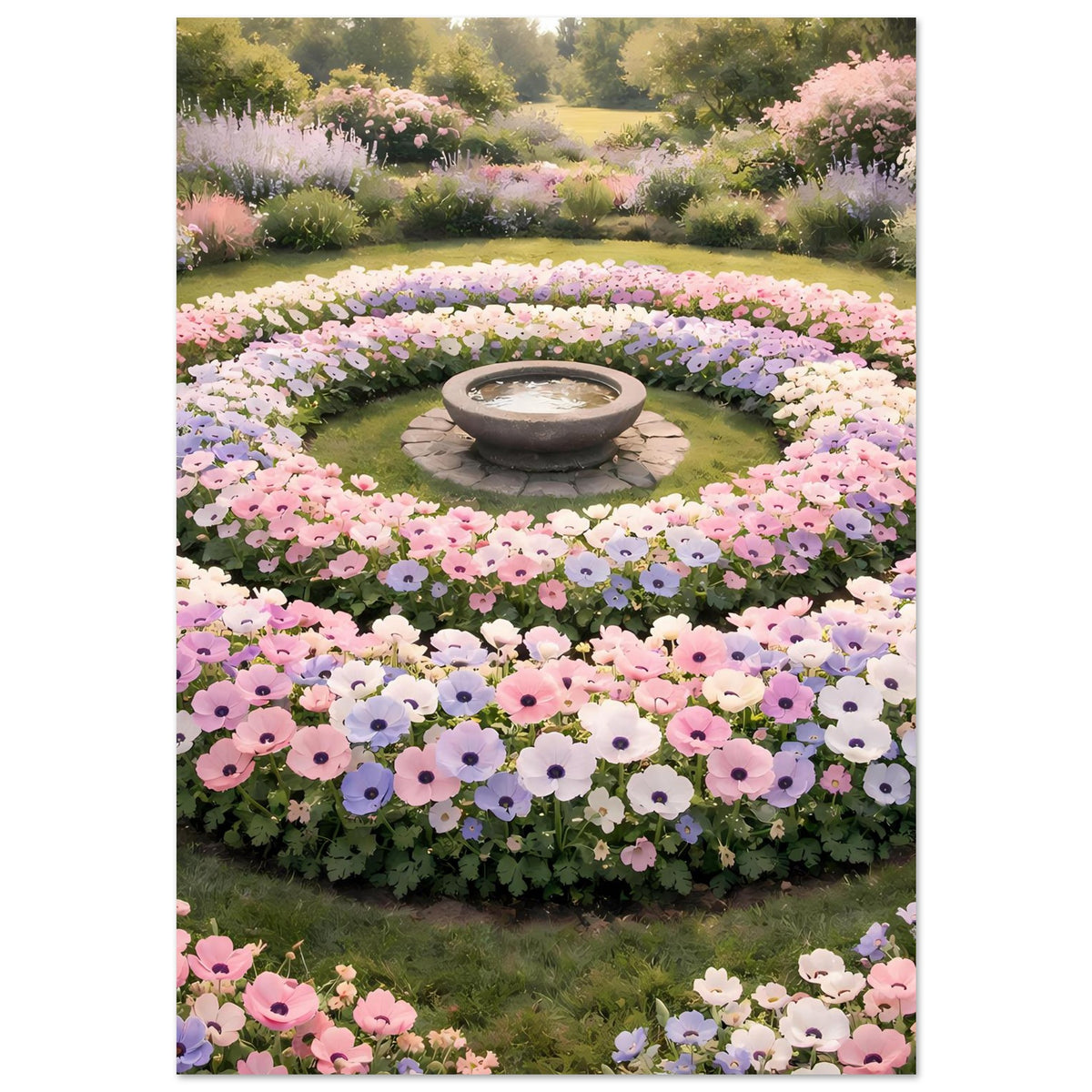 Vertikales Poster: Rundblumenbeet mit Steinschale im Zentrum und pastellfarbenen Blüten