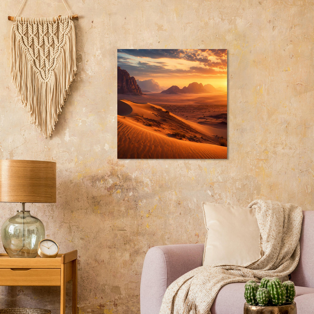 Quadratisches Wandposter mit Wüstenlandschaft im Abendlicht