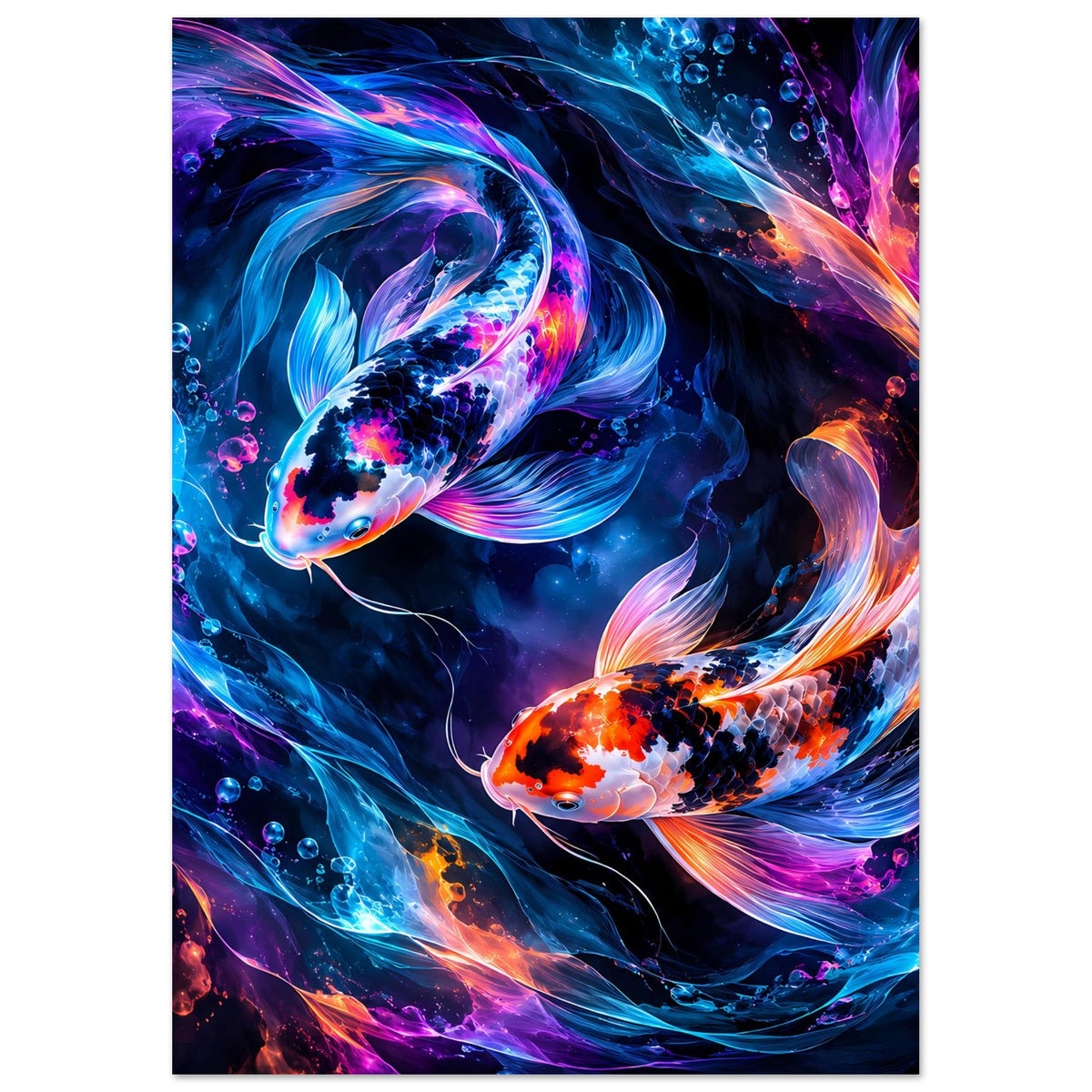 Hochformat-Poster mit leuchtendem Koi-Paar, neonblauen und orangenen Lichtschweifen