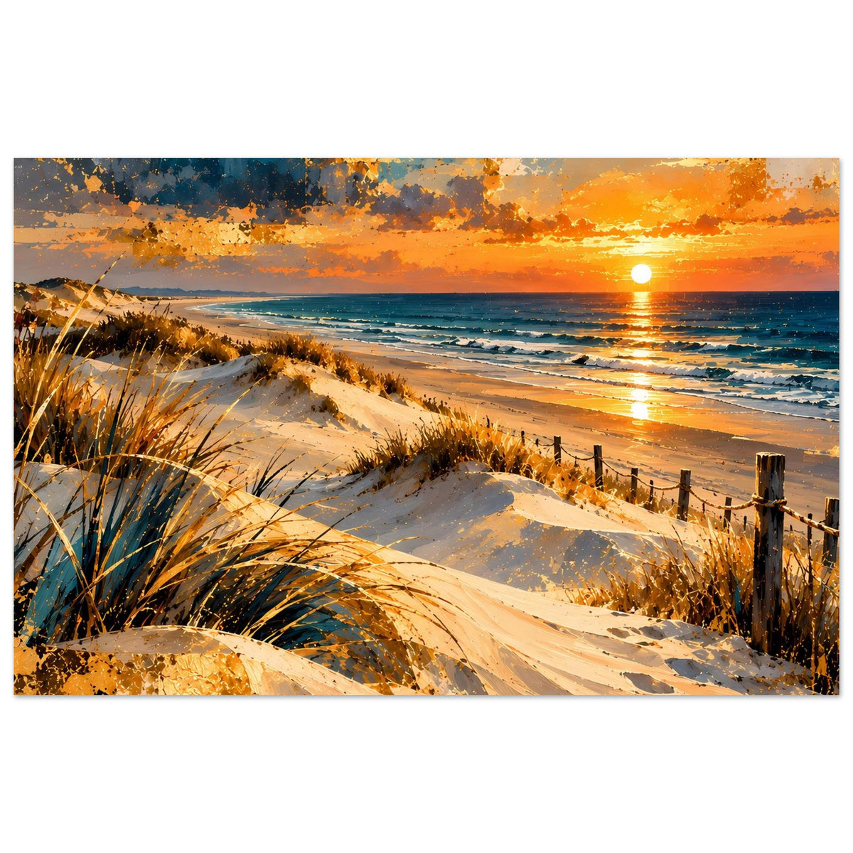 Strandposter horizontal: gold-orange Sonnenuntergangsszene mit Dünen, Meer und Küstenweg