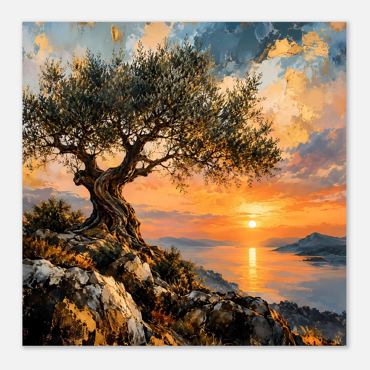 Quadratisches Poster: Olivenbaum an Felsenküste, Sonnenuntergang über Meer und Sonne
