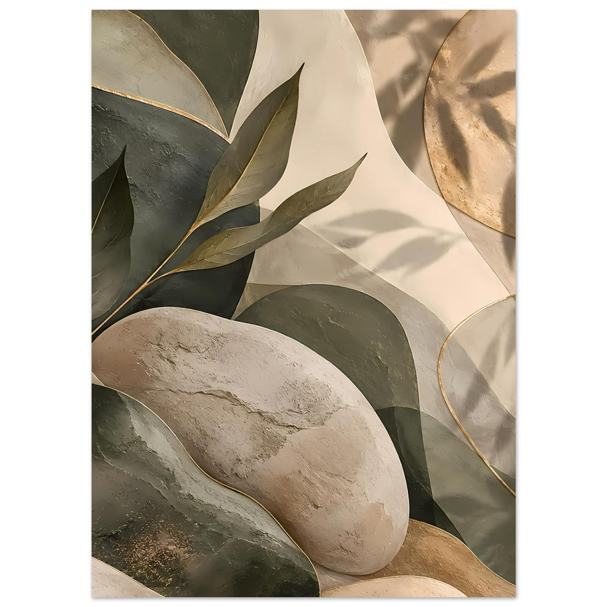 Abstraktes Poster, vertikal: beiger und dunkler Stein, grüne Blätter, goldene Umrisslinien