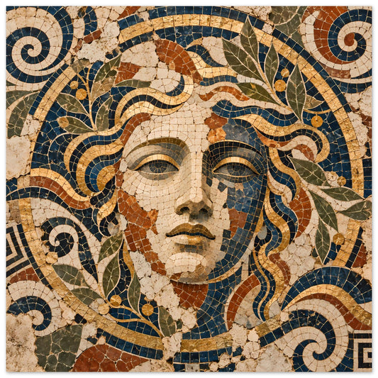 Mosaik-Göttin-Poster mit rundem Gesicht und floralen Ornamenten im mediterranen Stil
