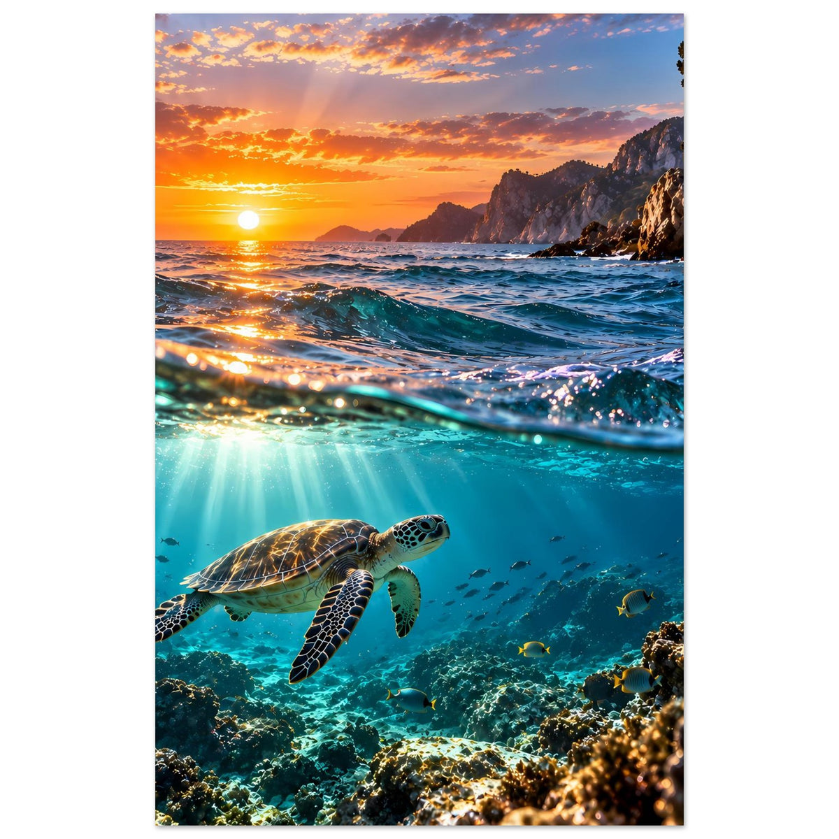 Wandposter im Hochformat mit Meeresschildkröte, Fischen im Meer und Sonnenuntergang