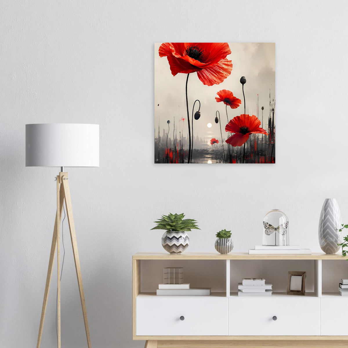 Abstraktes Blumenposter mit roten Mohnblüten, schwarzen Stielen und mehreren kleinen Blüten