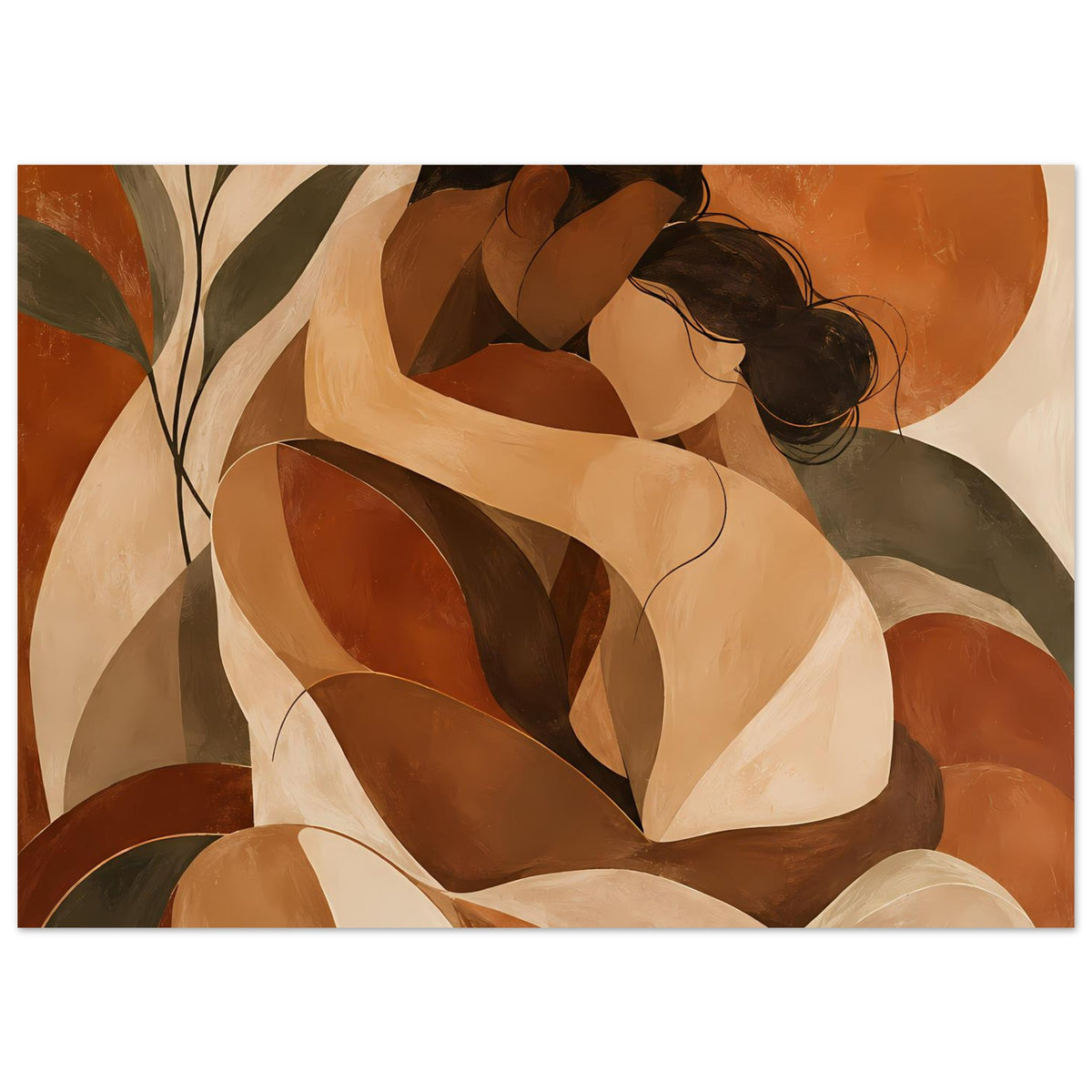 Gerahmtes Poster mit abstrakten Figuren in Umarmung, Terrakotta, Beige und Olivgrün