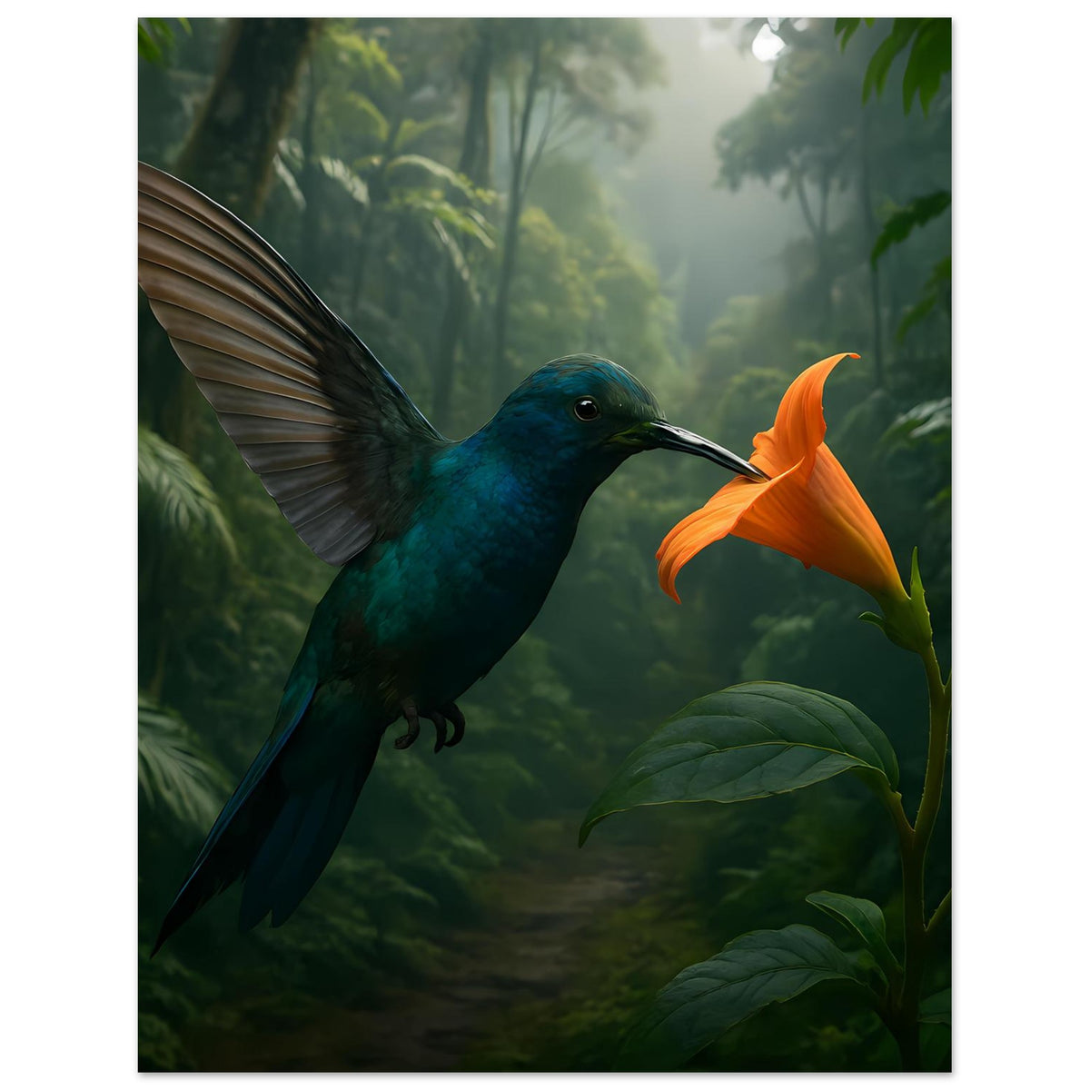Dschungelposter: blauer Kolibri mit orangefarbener Blüte, Fokus auf Vogel und Blütenstiel
