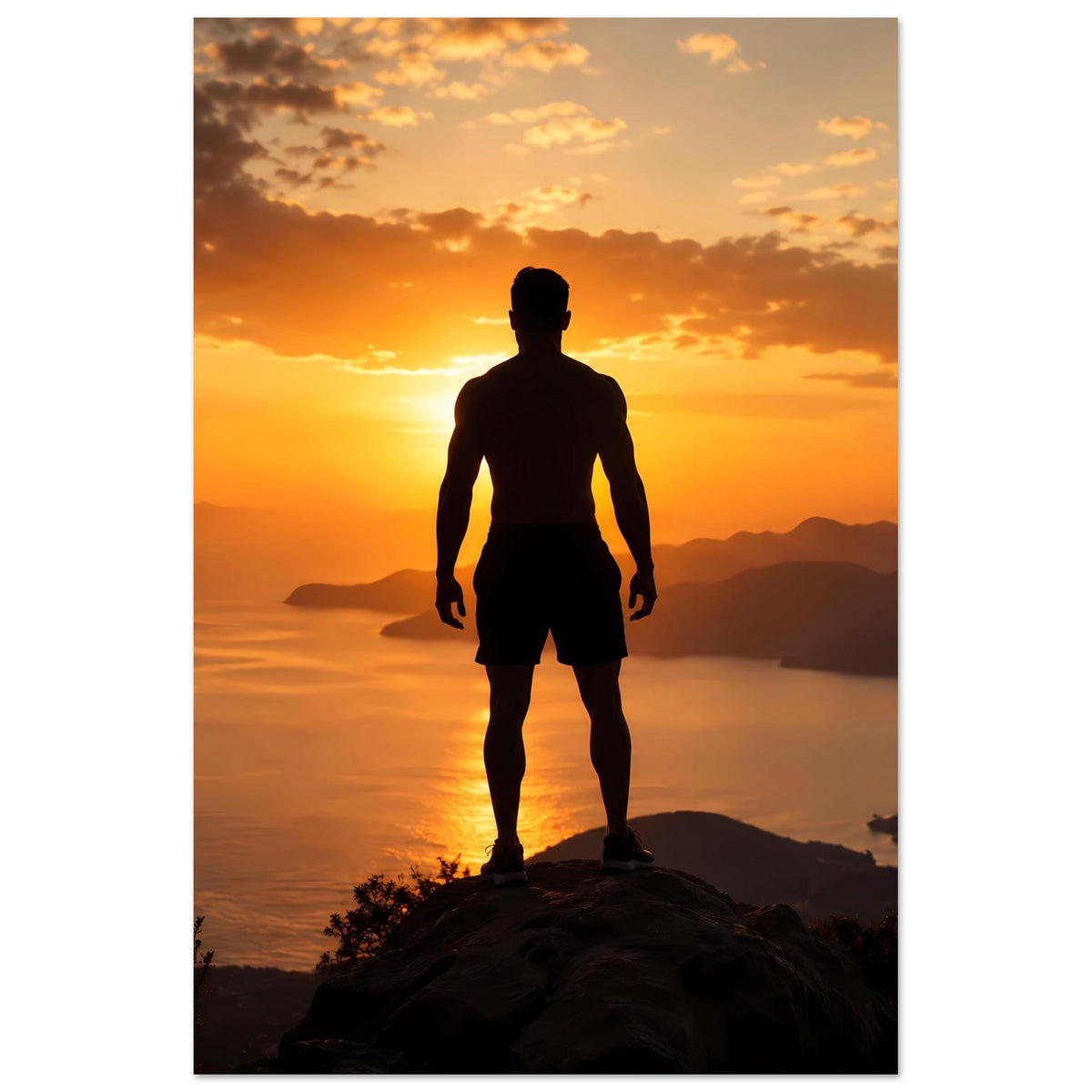 Vertikales Poster mit Silhouette eines Mannes am Sonnenuntergang vor Bergen und Meer