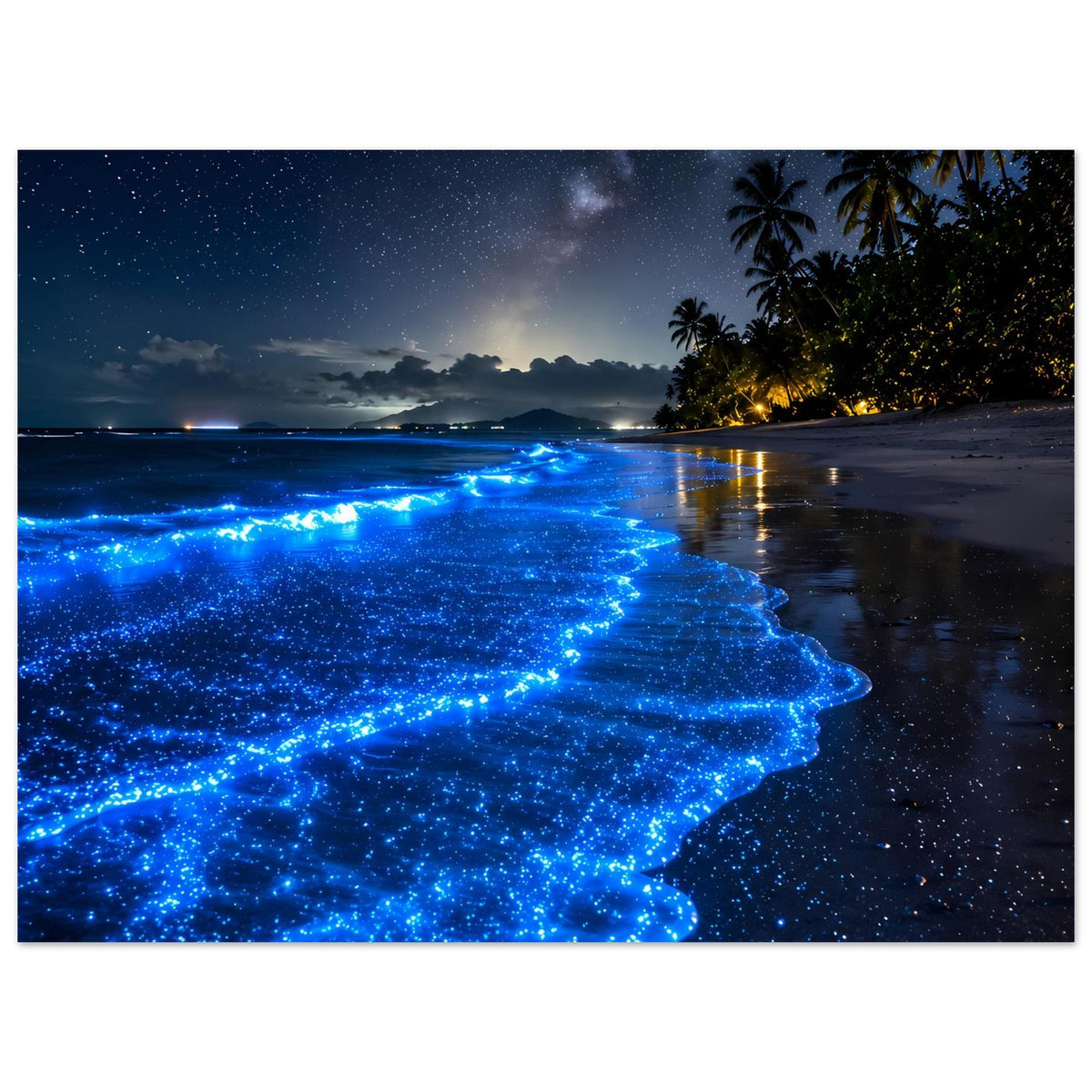 Poster mit leuchtenden blauen Meereswellen am tropischen Nachtstrand, vertikal