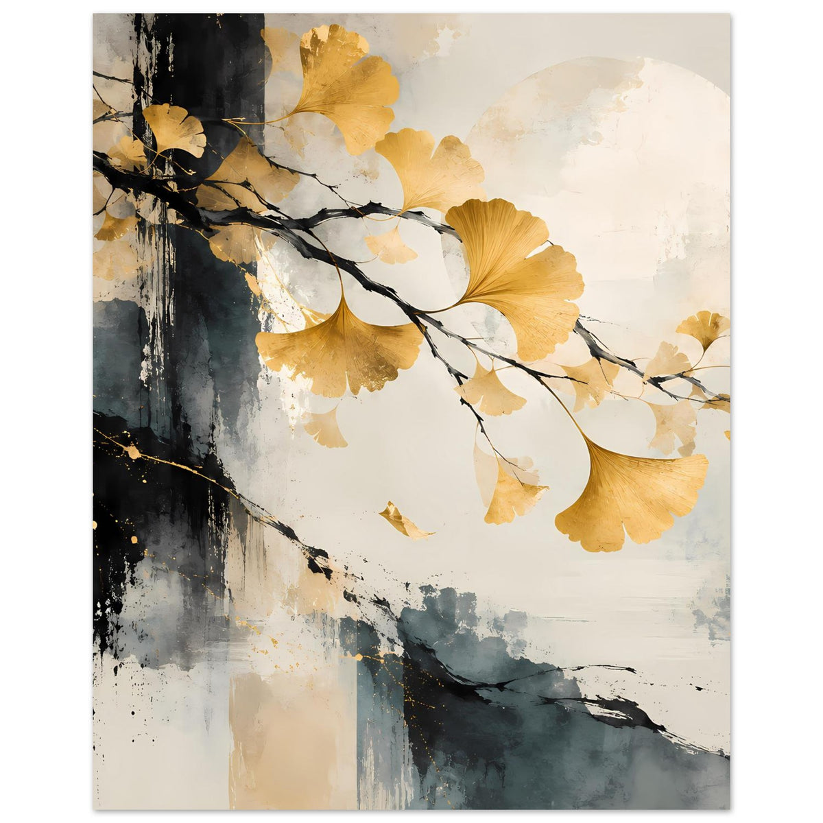 Kunst-Poster mit goldenen Ginkgo-Blättern und schwarzen Ästen vor hellen Aquarellschattierungen