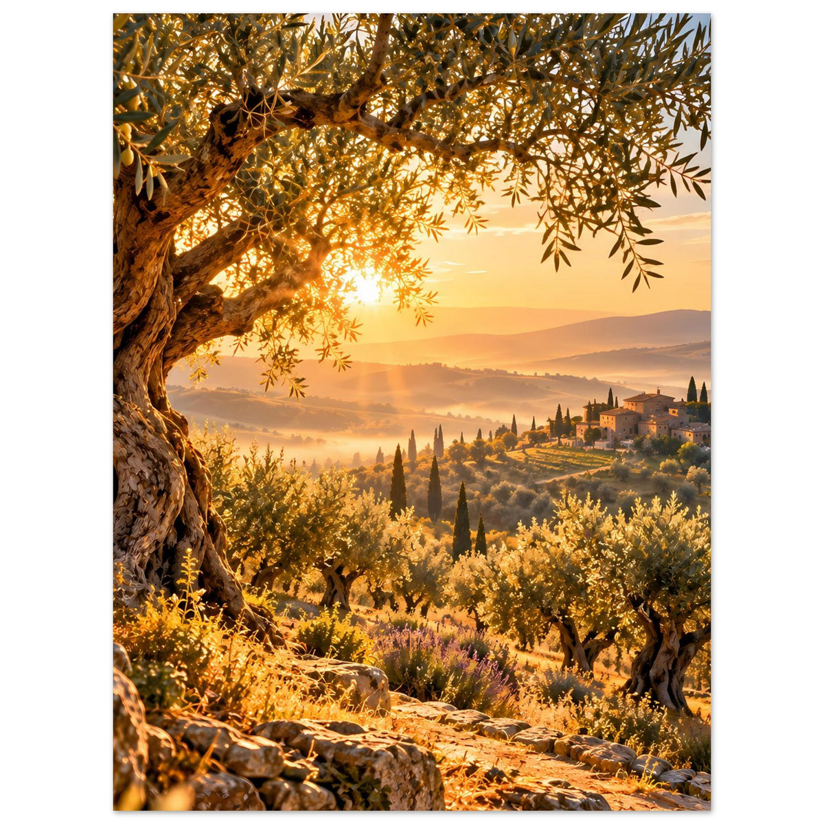 Landschaftsposter mit goldenem Sonnenaufgang, Olivenbaumzweigen links und Toskana-Dorf in der Ferne