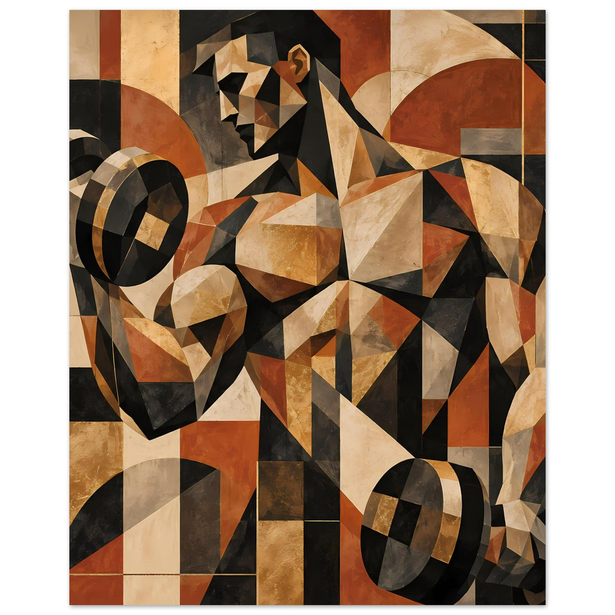 Geometrisches Kraft-Poster im Hochformat, abstrakte Figuren und schwarze Ovale in Erdtönen