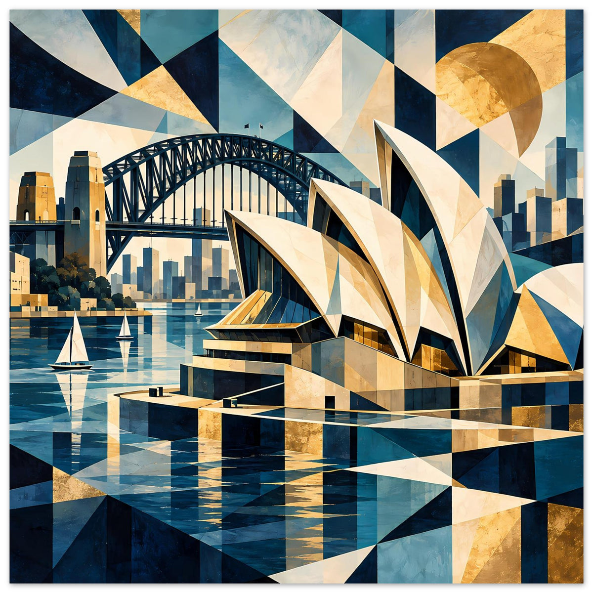 Kunstdruck mit geometrischem Sydney-Hafen: Harbour Bridge, Opernhaus und Segelboote