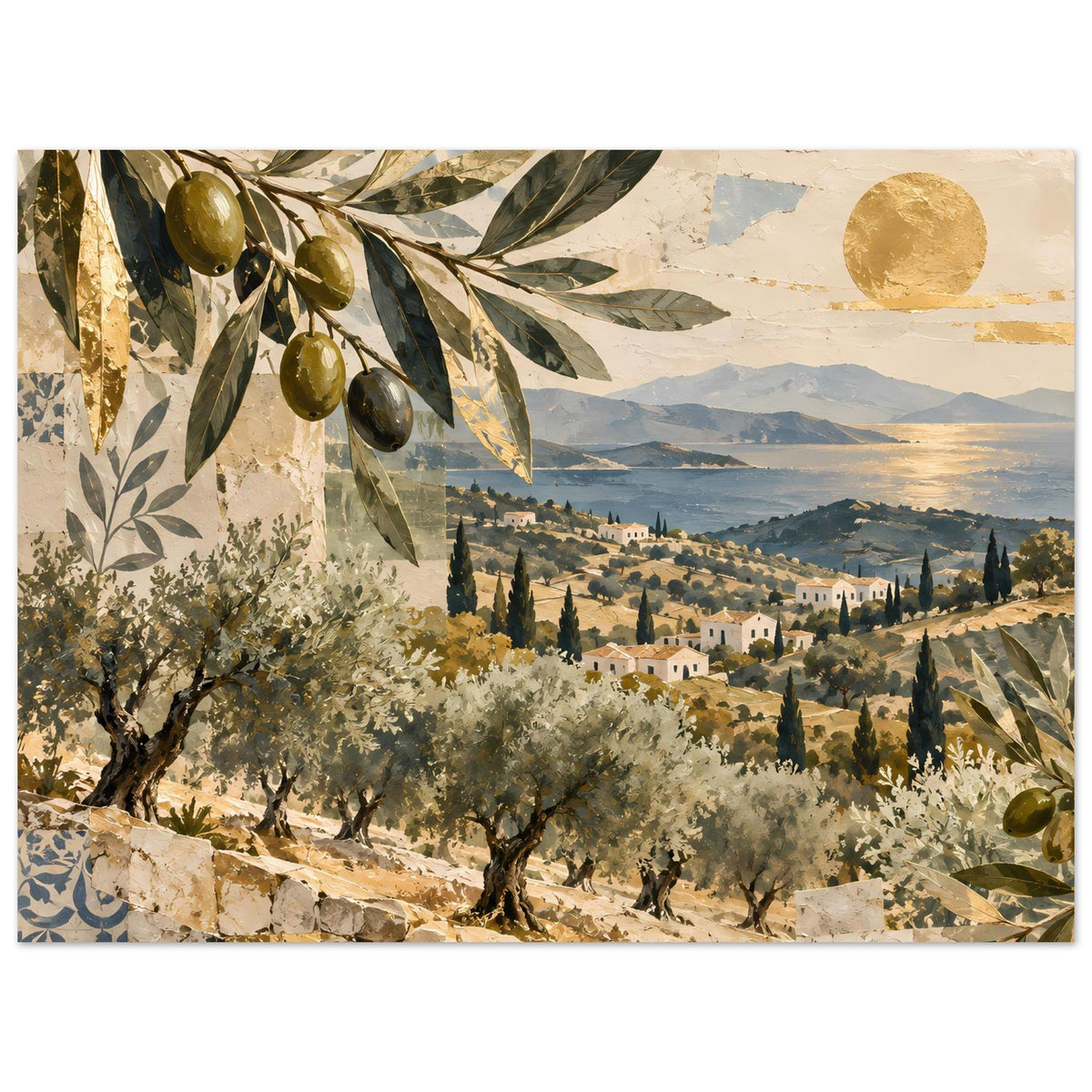 Mediterranes Poster mit Olivenzweigen, Olivenbäumen und weitläufigem Tal im Licht