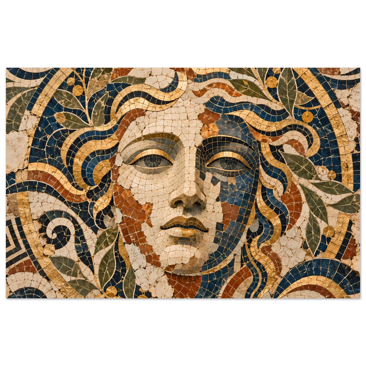 Poster mit Mosaik-Göttinnenmotiv: Gesicht mit gewelltem Haar, mediterrane Farben