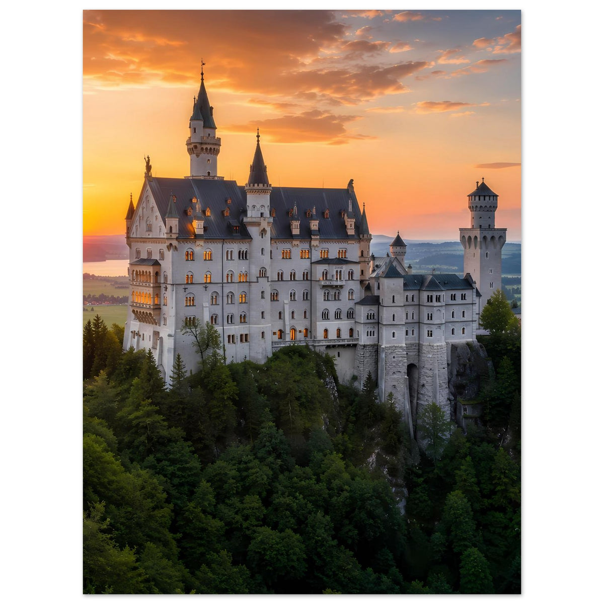 Schloss-Poster mit weißem Burggebäude, Türmen und Abendhimmel, Sonne teils verdeckt, Wald vorne