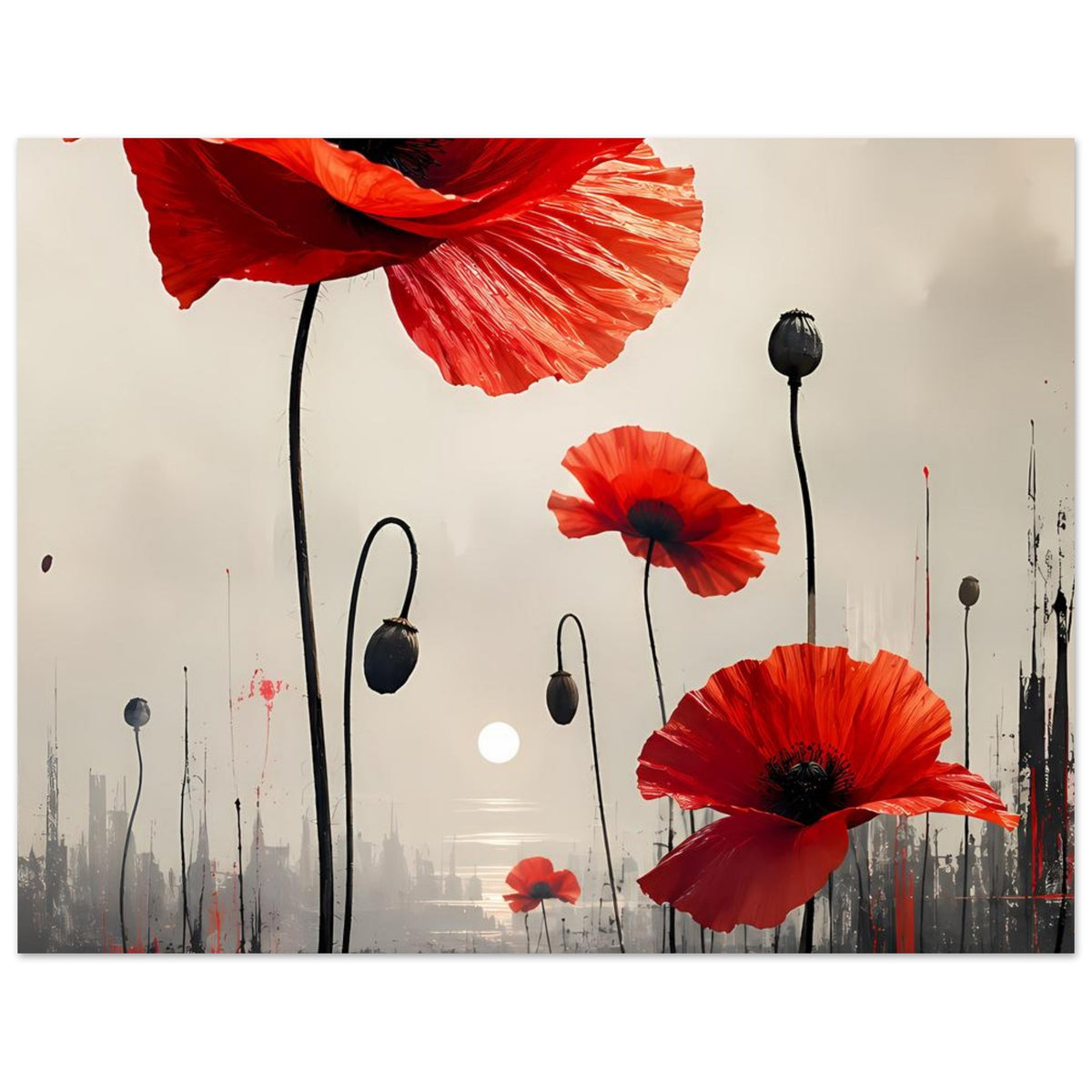 Abstraktes Blumenposter mit roten Mohnblüten, schwarzen Stielen und mehreren Samenköpfen