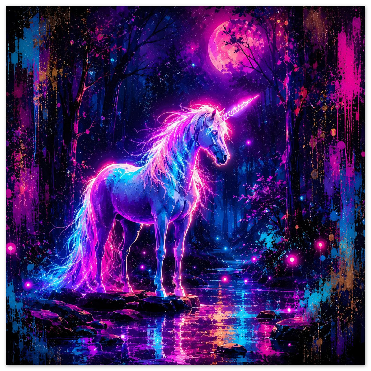 Neon-Einhorn-Poster: Einhorn im Profil mit leuchtender Aura, steht vor magischem Waldmond