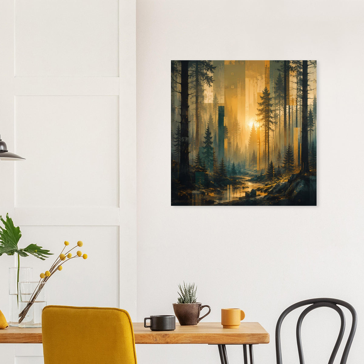 Wald-Landschaftsposter mit warmem Sonnenlicht über dem Wald, quadratisch