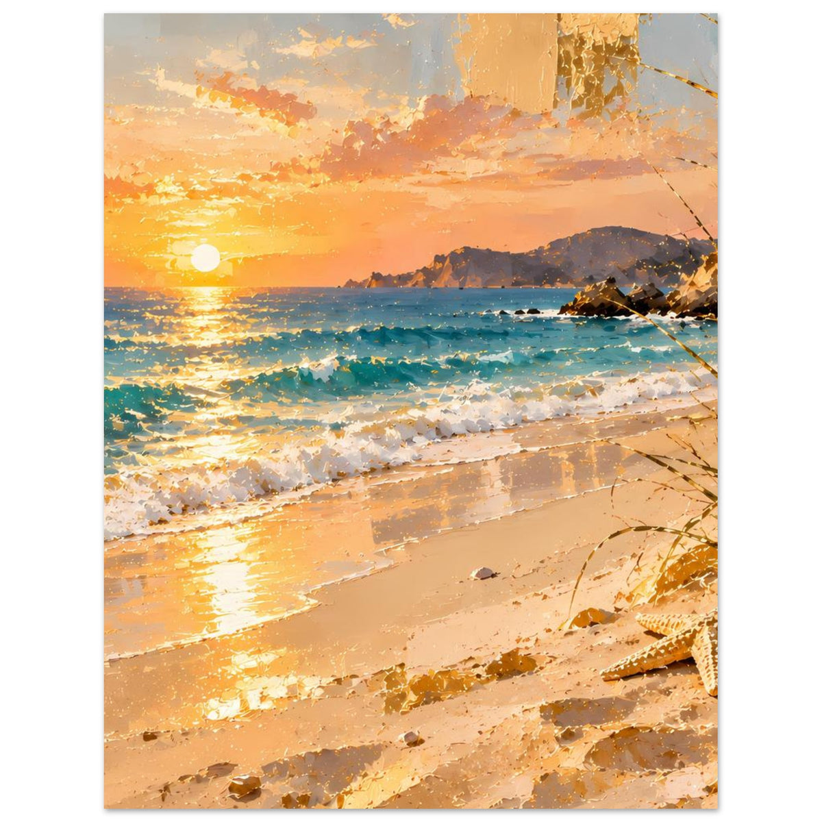 Poster mit Blick aufs Meer: Abendsonne am Horizont, Wellen und Sandstrand