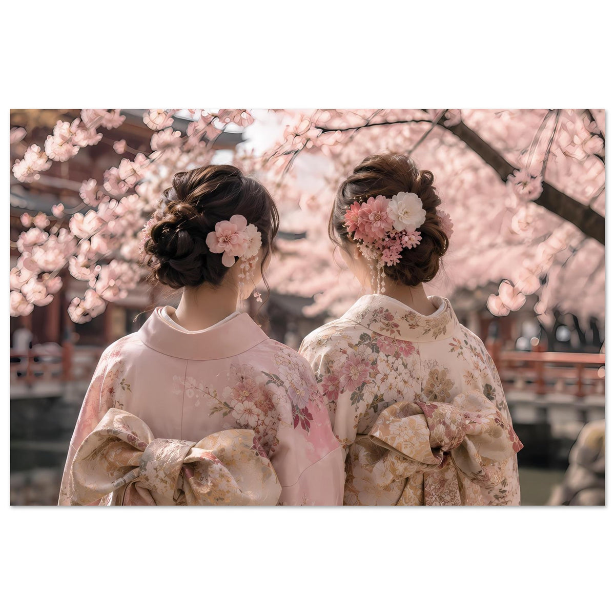 Kimono-Poster: zwei Frauen in beigen und hellrosa Blumen-Kimonos unter Kirschblüten