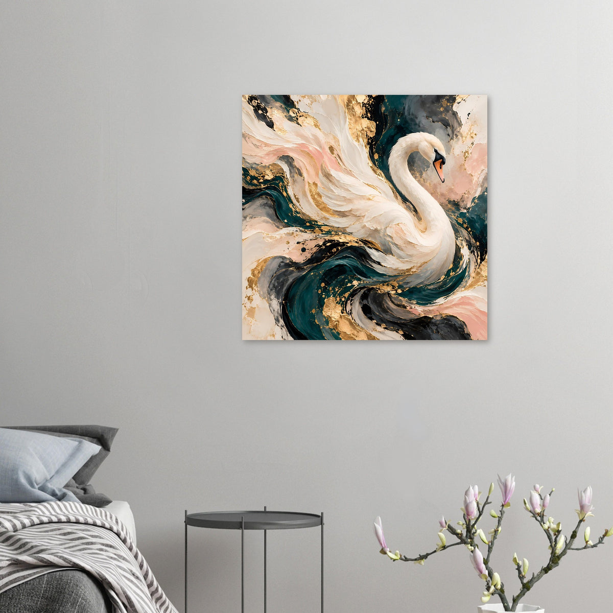 Kleines Kunstposter im Querformat: weißer Schwan, türkis-dunkle Wirbel und goldene Sprenkel