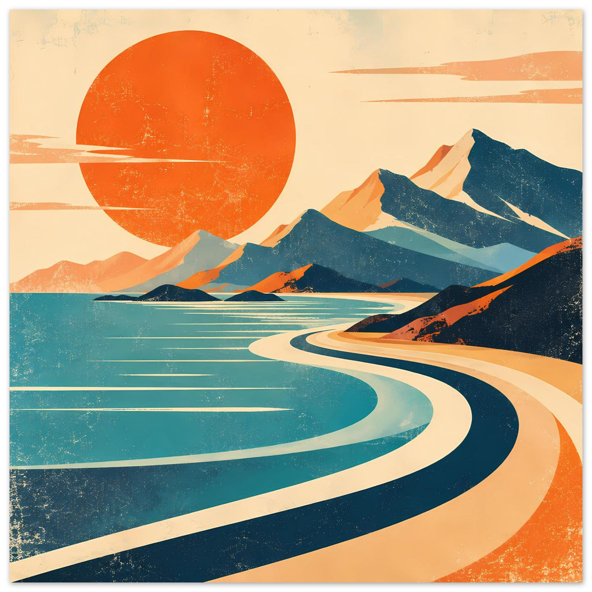 Vintage-Poster, vertikal: großer orange Sonnenkreis, blaue Berge, türkisblaues Meer und Kurve