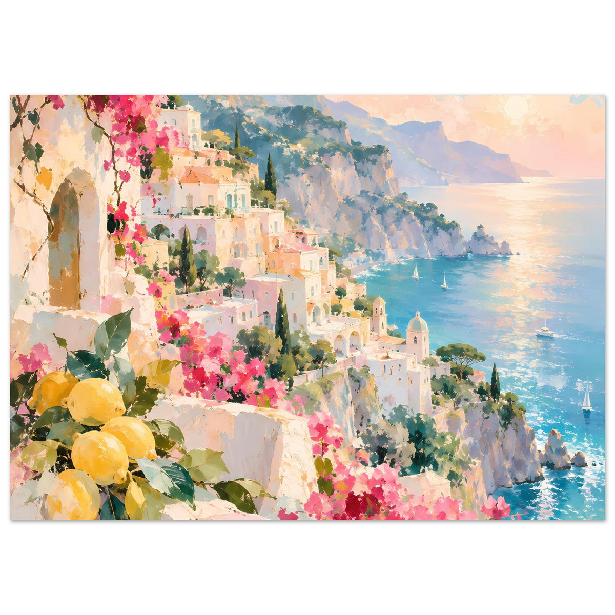 Poster mit Küstenblick und Häusern, rosa Blüten sowie gelbe Zitronen am Vordergrund