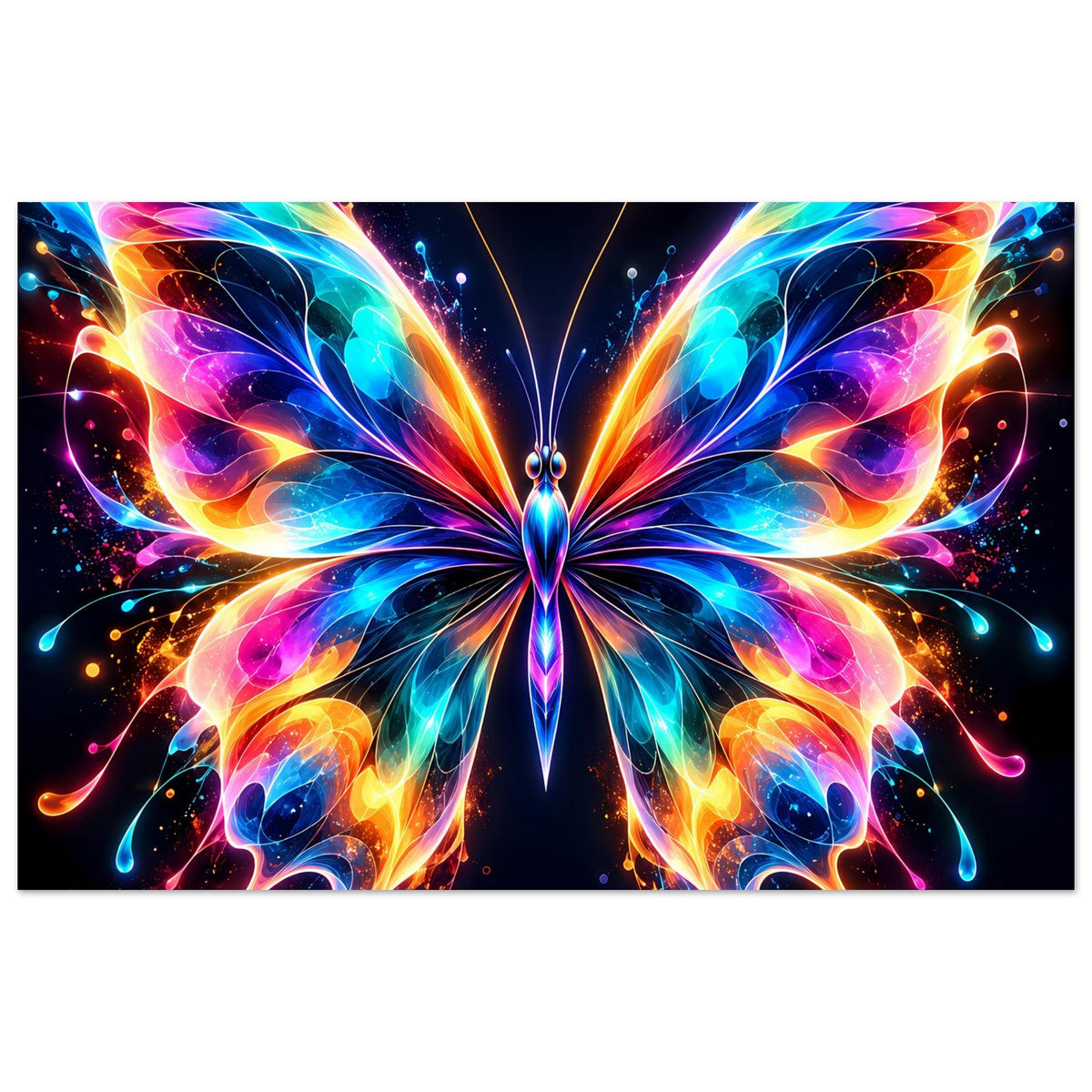 Neon-Schmetterlingsposter im Querformat, symmetrische Flügel in leuchtenden Farben und Funken.