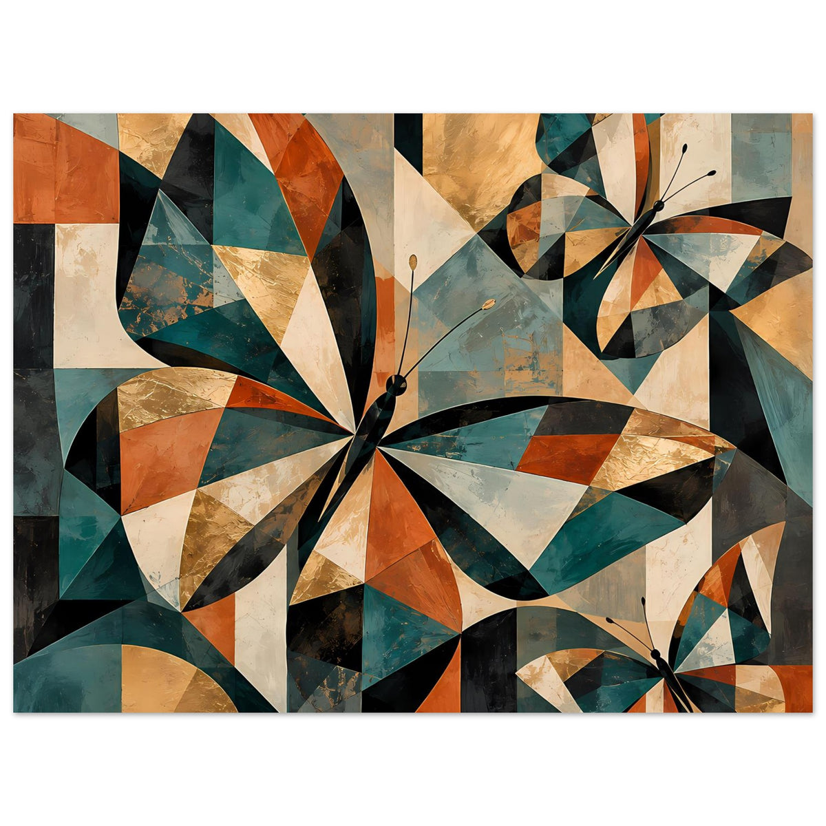 Poster mit geometrischen Schmetterlingen: warme Braun-, Orange- und Grüntöne