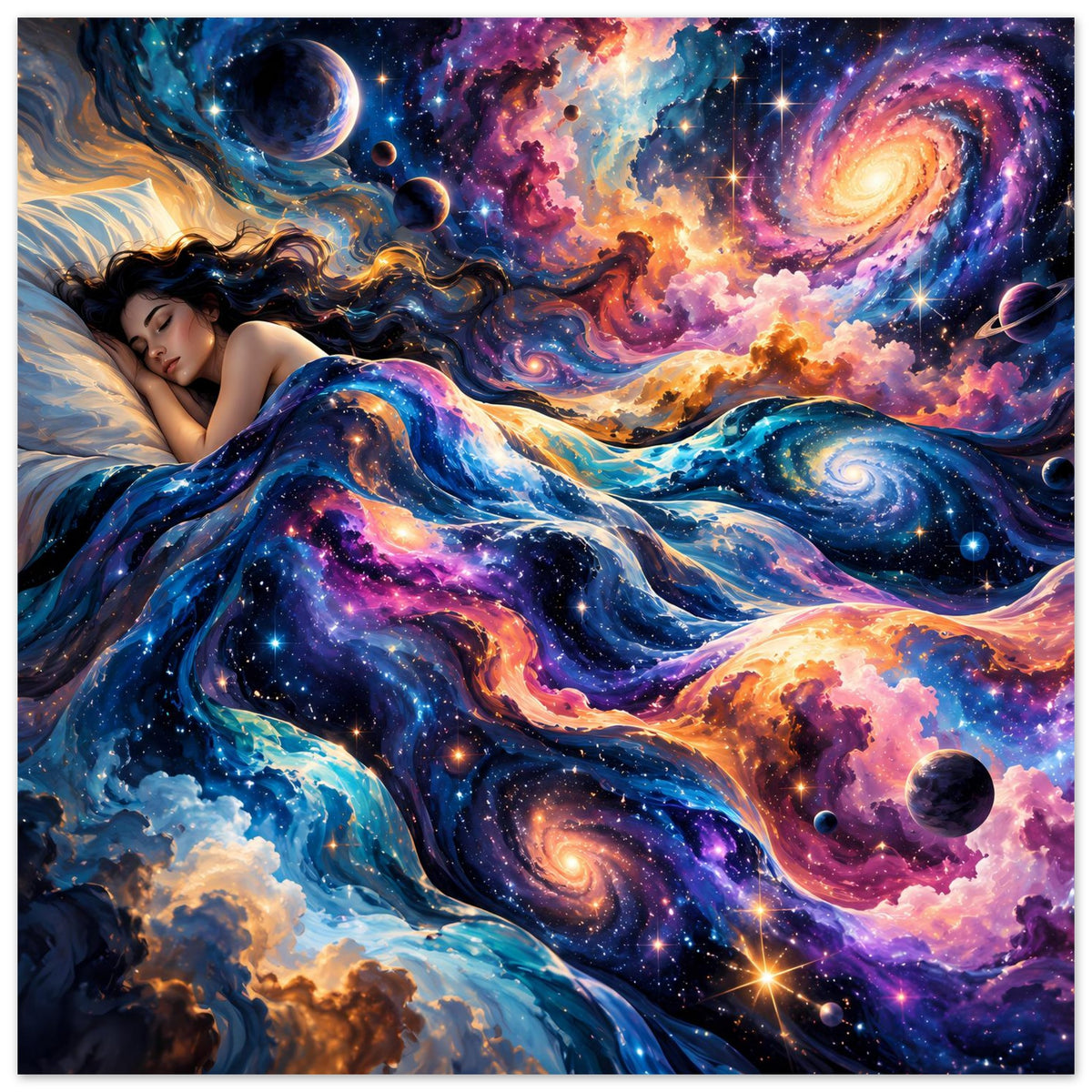 Galaxie-Poster im Quadrat-Look: Sternenlandschaft mit liegender Frau und Planeten