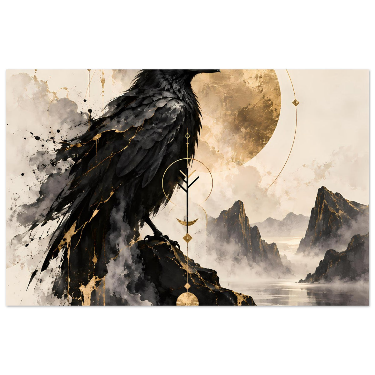 Poster mit schwarzem Rabenmotiv, goldene Schnörkel und Anhänger, Querformat
