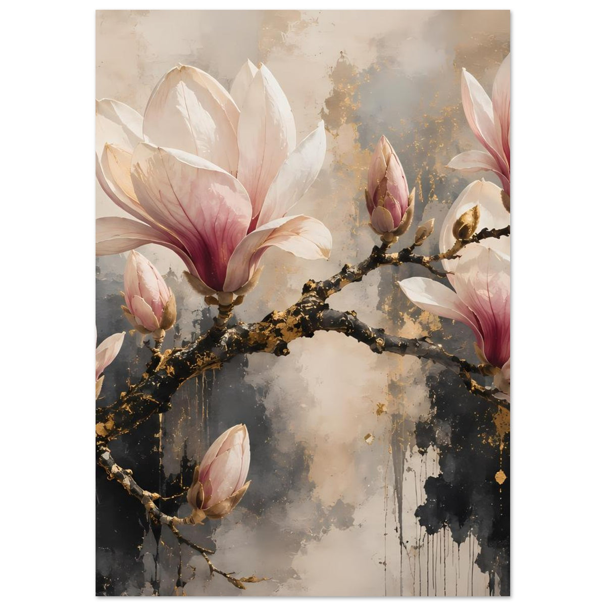 Vertikales Magnolienblüten-Poster mit rosafarbenen Blüten und goldfarbenem Zweig