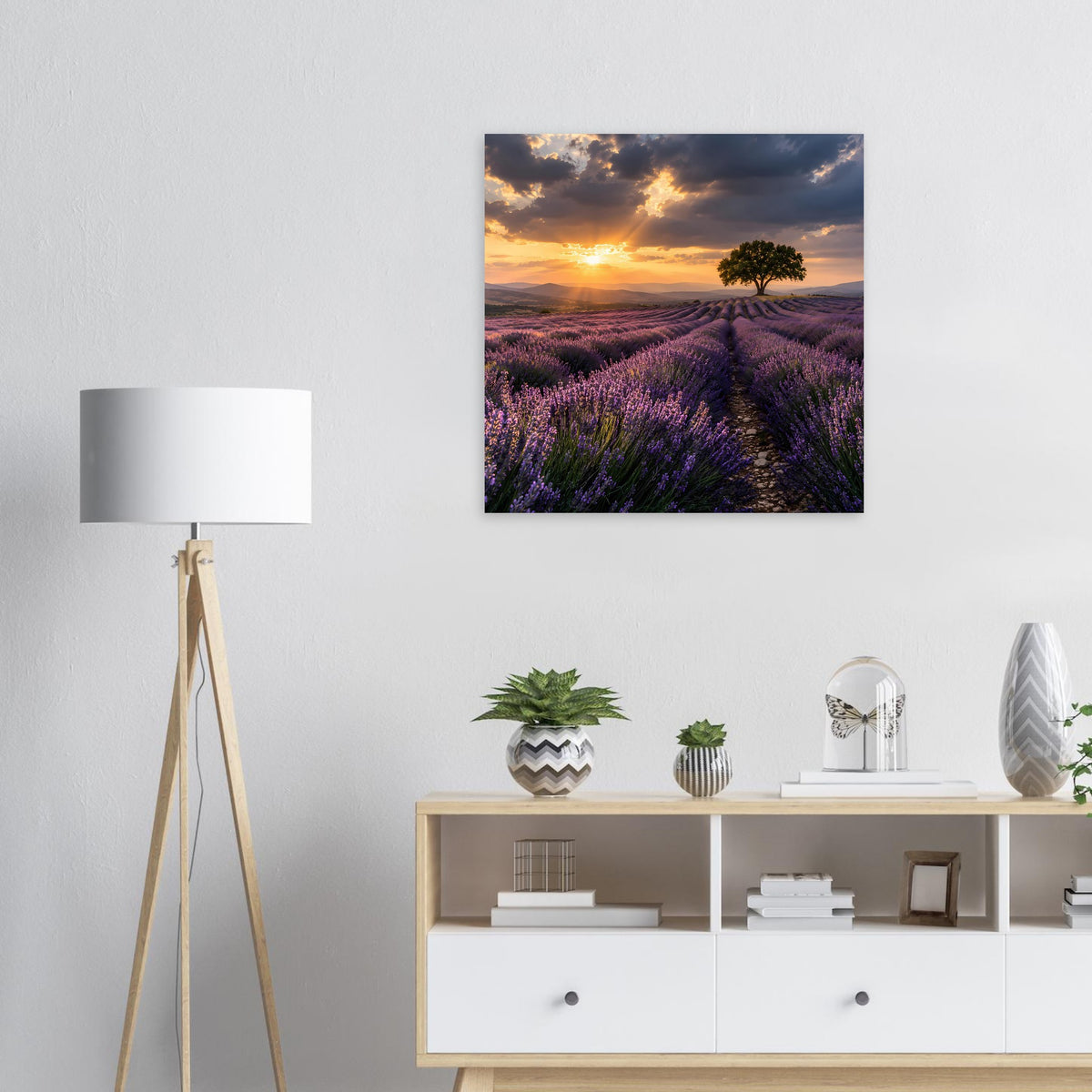 Quadratisches Poster: Lavendelfeld mit lila Blüten und goldenem Sonnenuntergang